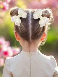 2pcs Solid Color White Hair Bows For Girls,Mesh Glitter Pearl Decor Hair Clips For Kids,Fashion Pearl Hair Accessories For Toddlers Gifts - White - View 2