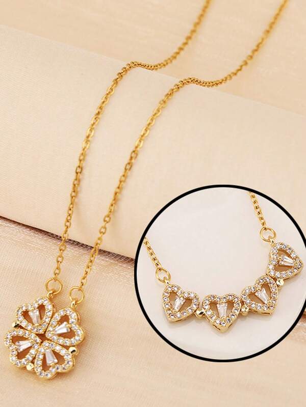 1pc Stainless Steel Rhinestone Heart Flower Necklace, Minimalist & Stylish, Shiny Gold Color, Ideal For Daily Wear Or As A Gift For Loved Ones