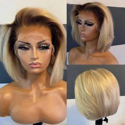 13x4 透明蕾丝前真人发假发，深色发根搭配 #613 金色，无需胶水，预修剪发际线，10 英寸，180 密度，渐变蜂蜜金短波波头假发，女士包邮，2026 新款