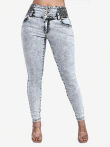 1pc Casual High Waist Skinny Washed Denim Jeans - Blue - View 4