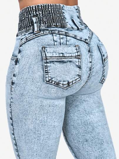 Women's High Waist Pocket Skinny Casual Distressed Denim Jeans