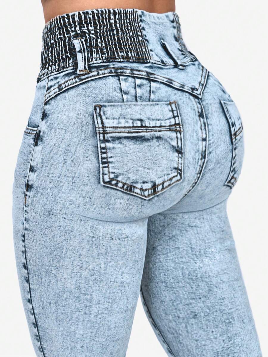 Women's High Waist Pocket Skinny Casual Distressed Denim Jeans Spring - Medium Wash - View 1