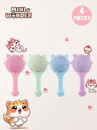 Set de 4 peines con diseño de pata de gato estilo de dibujos animados lindos, 1 peine de unicolor con pata de gato, adecuado para herramientas de peinado y desenredar, apto para cabello normal, nivel salón para uso doméstico y cuidado personal, herramientas de peluquería para niños, opción ideal para regalar a los niños