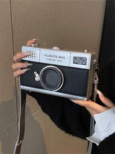 1 pieza Nueva caja rígida creativa, bolso cruzado con forma de cámara de moda única con correa ancha ajustable, bolsa para teléfono de mujer con estilo, billetera plateada, monedero pequeño, regalo interesante, puede contener monedas, lápiz labial, llaves, teléfono