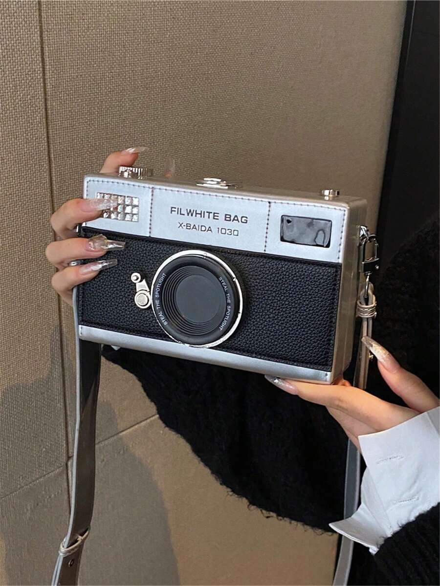 1个新款创意硬壳盒包，时尚独特的相机造型斜挎包，配有可调节宽肩带，女士时尚手机袋，银色钱包，小钱包，趣味礼物，可装硬币、口红、钥匙、手机 - 銀色 - 查看 1