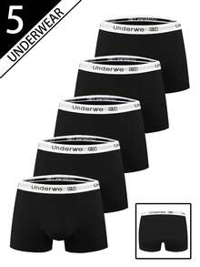 男士五件套平角内裤套装：“Underwe”标志，弹性腰带，柔软黑色面料，舒适日常内裤 - 彩色 - 查看 1