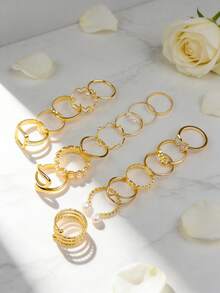 22/45件/套 时尚波西米亚几何简约不对称戒指套装，仿珍珠金色指环饰品，女士珠宝礼物，日常配饰 - 女士戒指套裝 - 查看 7