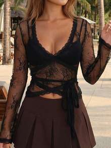 Women Lace Long Sleeve Crop Tops Y2k Casual Deep V Neck Cross Wrap T-Shirts Basic Blouses Coquette Tie Up Going Out Tops Bar Clubwear - màu đen - Xem 4