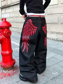 1pc American Street Style Men's Printed Wide Leg Jeans, Fashionable Loose Fit Washed Denim Pants, Comfortable For All Seasons (No Belt Or Accessories) - màu đen - Xem 3