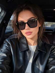 1pc Retro Large Frame Square Women's Fashion Glasses, New Personalized High-End Fashion Eyewear - Black Frame Gray Film - View 1