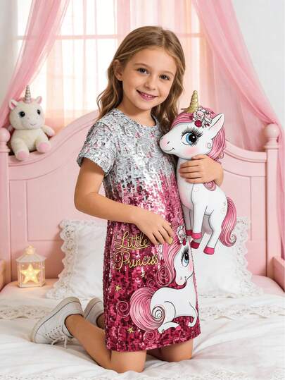 Girls' Summer Dress, Cartoon Unicorn Print, Shiny Fabric, Short Sleeve Dress, Casual Style, Soft Polyester Material, Suitable For 4-7 Years Old Girls
