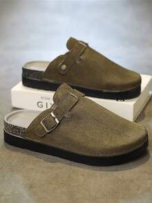 2双装男士厚底耐磨一脚蹬凉鞋，夏季户外可调节绑带舒适拖鞋，时尚男女情侣款勃肯鞋 - 棕色 - 查看 10