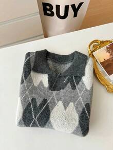 1 pieza Chaleco de estilo universitario de moda para mujer, chaleco de jacquard con diseño de corazón argyle, top de chaleco suave y versátil, top sin mangas con cuello, chaleco de suéter de punto, chaleco casual y vintage - Multicolor - Ver 5