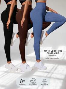 Set Of 3 Ribbed High-Waisted Leggings In High-Compression Polyamide - Black/Coffee/Jeans Blue - View 1