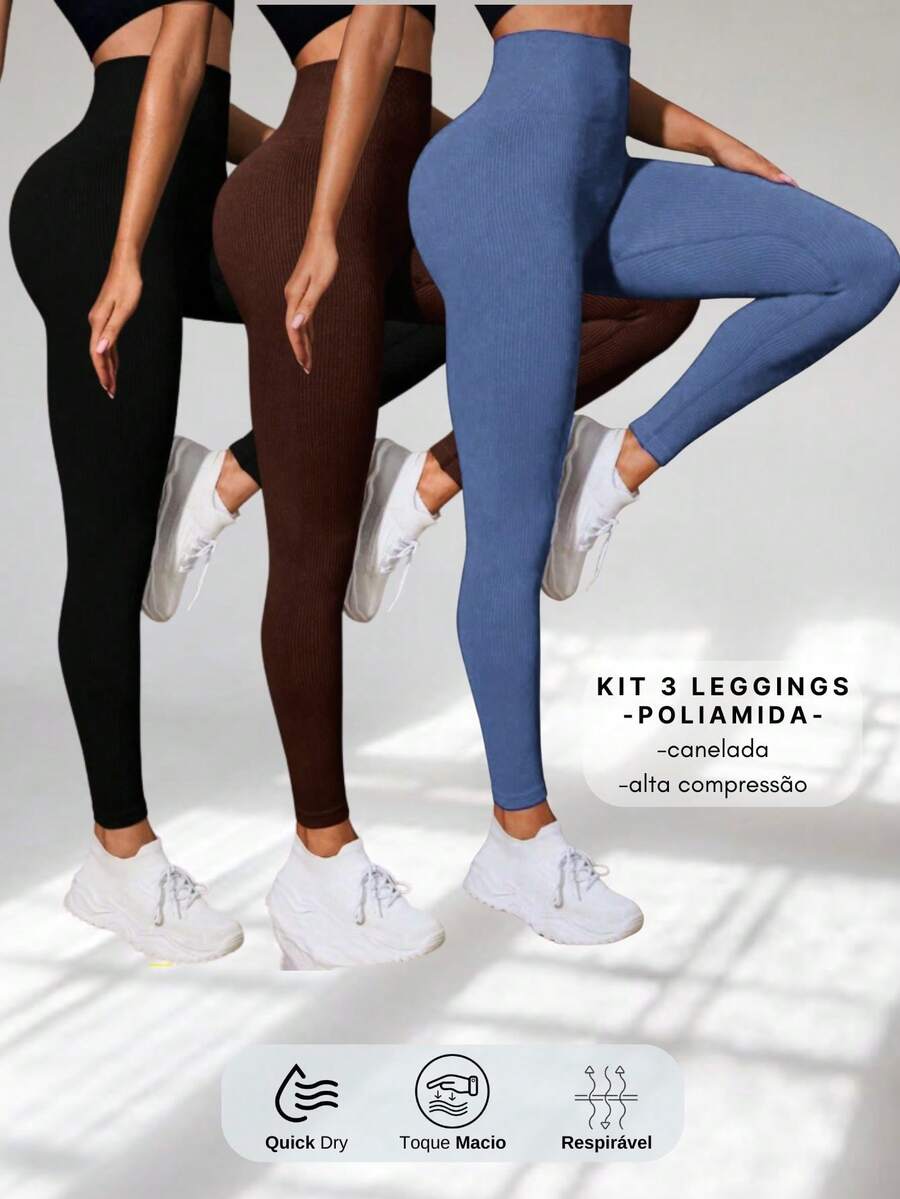 Set Of 3 Ribbed High-Waisted Leggings In High-Compression Polyamide - Black/Coffee/Jeans Blue - View 1