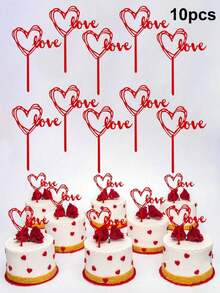 10pcs Red Heart LOVE Cake Toppers, Acrylic Heart Cake Decorations, Valentine's Day Cupcake Toppers, Cake Decorations For Birthday, Wedding, Suitable For Valentine's Day, Birthday, Mother's Day, Anniversary Party Cake Decor, Valentine's Day Party Decorations - Red - View 4