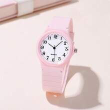 Reloj de cuarzo minimalista con esfera numérica y correa de PVC para estudiantes - Rosa - Ver 5
