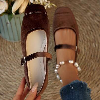 Patchwork French Style Flat Mary Jane Shoes, Strap, Faux Pearl & Velvet, Versatile, Summer New Arrival