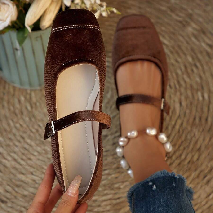 法式拼接平底玛丽珍鞋，系带设计，仿珍珠和天鹅绒材质，百搭时尚，夏季新品 - 咖啡色 - 查看 1
