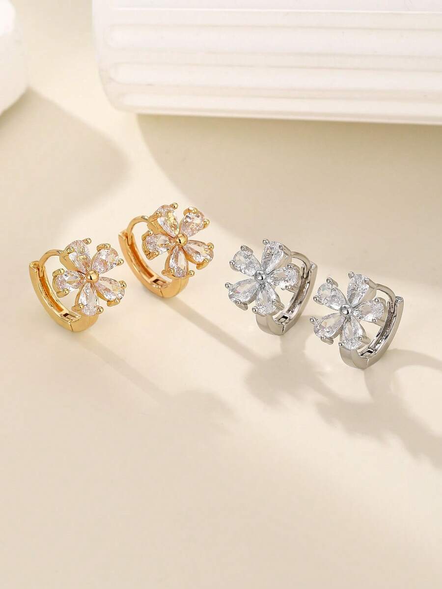 1 Pair Fashionable Minimalist Zirconia Flower Hoop Earrings, Lightweight Luxury Feel, Versatile For Women's Daily Wear