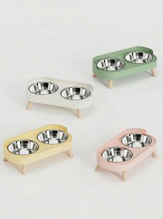 Juego de tazones para mascotas elevados de acero inoxidable/plástico con soporte, tazones duales para perros y gatos pequeños, con protección contra salpicaduras - Comedero para mascotas