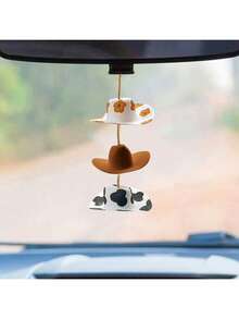 1pc Denim Print Decorative Hat Car Accessory, Cute Hat Rearview Mirror Hanging Ornament - A - View 2