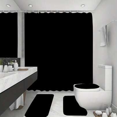 1/4 Piezas Juego de baño "Cuadrados Negros", Decoración de baño "Misteriosa", Incluye alfombra de baño, alfombra en forma de U, tapa de inodoro, cortina de ducha de 180x180 cm con 12 ganchos, adecuado para decoración minimalista y monocromática