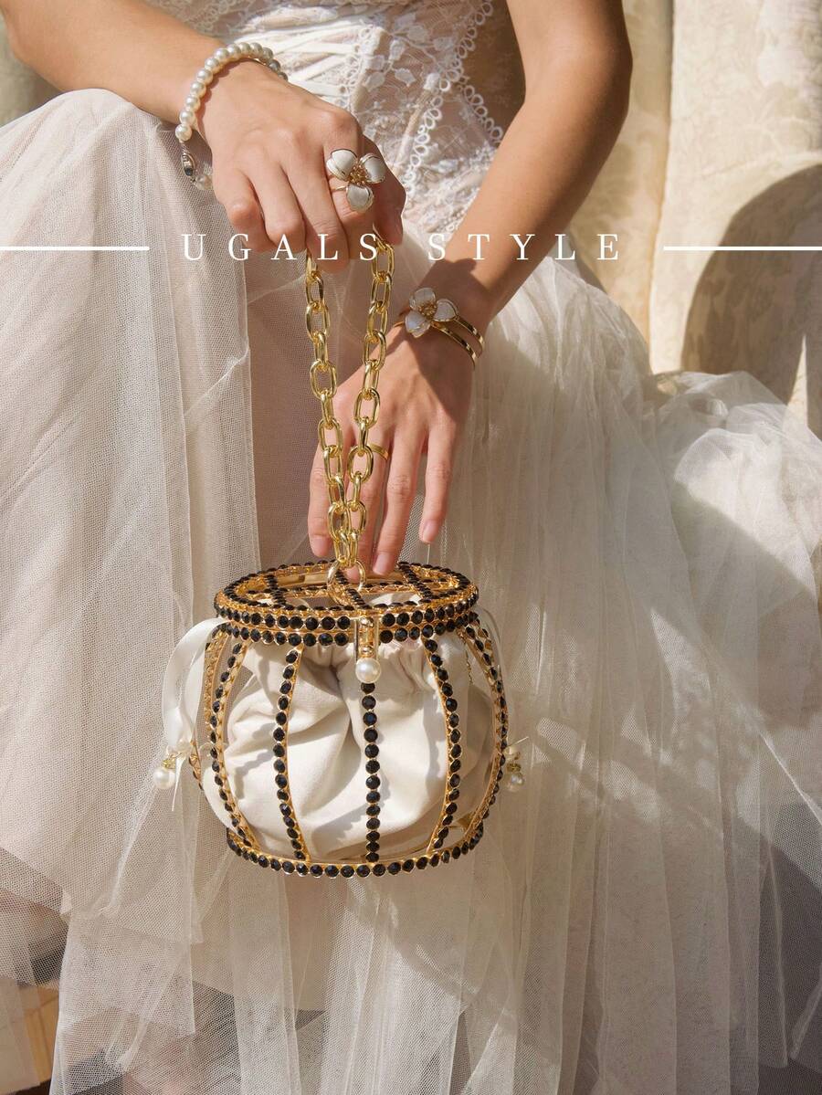 奢华女士纯色钻石晚宴包，精致金属灯笼造型手提包，完美适用于晚宴和派对，可搭配日常装、正装、舞会礼服、生日礼服。 - 彩色 - 查看 1