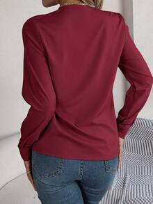 Women's Elegant Commuter Casual Solid Color V-Neck Long Sleeve Shirt, Spring/Summer - Burgundy - View 3