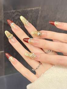 10PCS Long Oval Fake Nails With French Gold Red Tip Design Rhinestone Decor For Party Wedding Nail Supplies - Multicolor - View 2