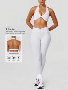 Sodalemon Women's 2 Pieces Workout Set, Twist Back Camisole Sports Bra, Seamless, Twist Waist Band, Seamless Tight Yoga Pants, Solid Color Outdoor Casual Sports Suit - White - View 3