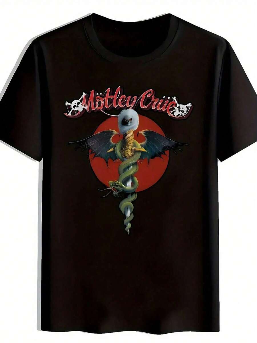 Una camiseta de manga corta con estampado de banda de rock, top de poliéster de verano con cuello redondo para mujeres, incluye elementos de KORN,úsica, canciones de rock, bandas de heavy metal, bandas punk, letras de AC-, letras de, elementos de hierro, Maiden, Green, LINKIN, Guns, KISS,, Grammy y ropa para hombres. - Negro - Ver 1