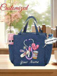 1pc Customized Name Nurse Tote Bag,Personalized Stethoscope Tote Bag, Personalized Lunch Bag With Nurse-Themed, Custom Name, Themed Design With Heartbeat & Stethoscope Print, Portable Insulated Lunch Bag Double Pocket Lunch Bag