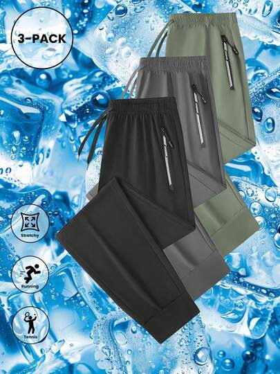 3pcs Men's Sports Casual Pants With Zipper Pockets And Drawstring, Suitable For Gym, Outdoor Activities And Jogging Spring