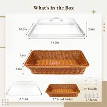 13.8 X 9.6 Inch (34.9 X 24.9 Cm) Large Rattan Bread Basket With Acrylic Cover, Tabletop Food Service Basket, Fruit Tray, Woven Food Platter, Suitable For Kitchen, Dining Room