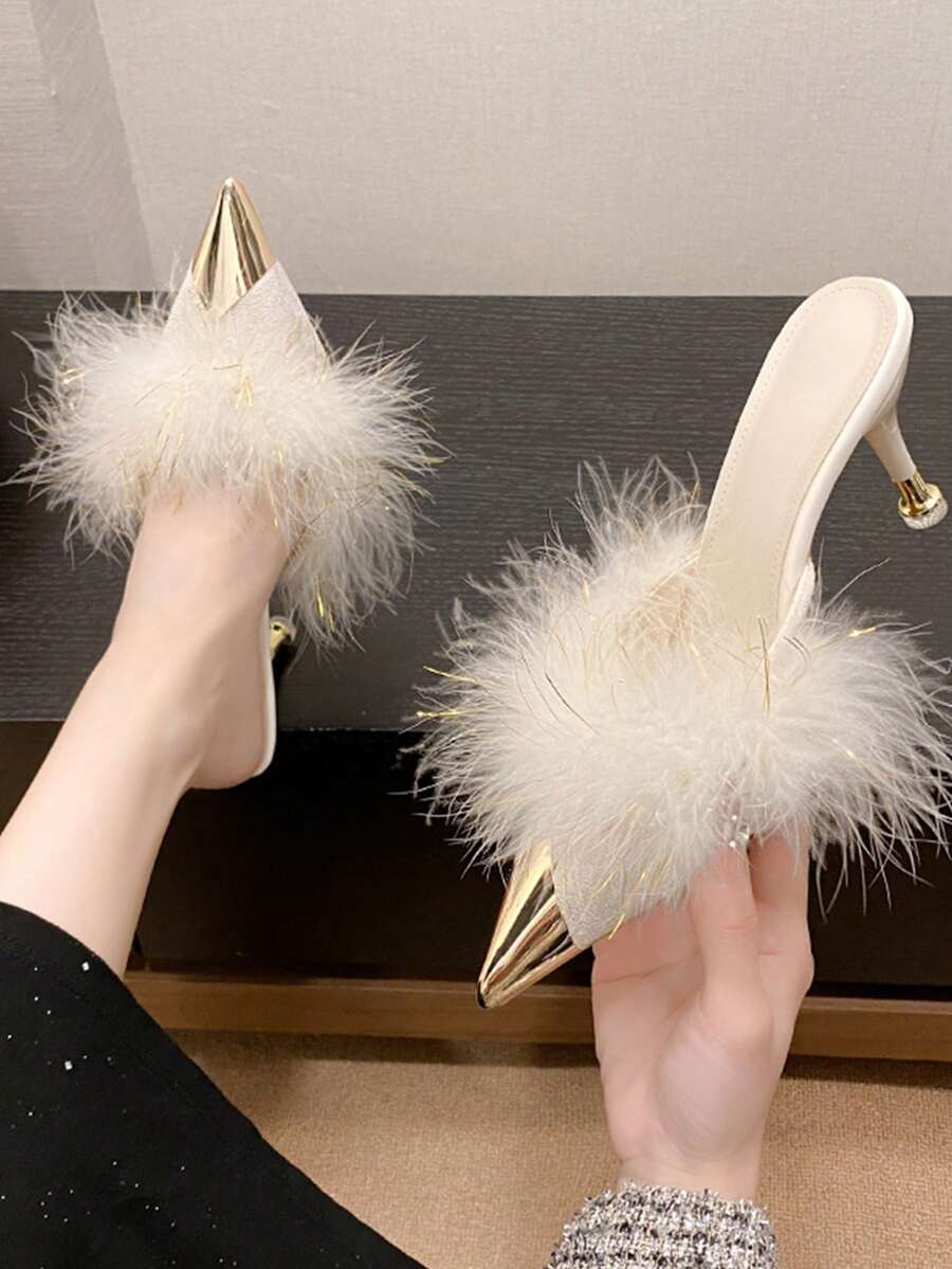 2026新款尖头金属羽毛装饰高跟鞋，性感优雅的女士派对鞋 - 米色 - 查看 1