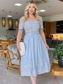 Set Of 2 Midi Dresses With 3D Embroidery, Viscose Linen Fabric, And Puff Sleeves For Women's Everyday Wear - Hồng / Xanh - Xem 5