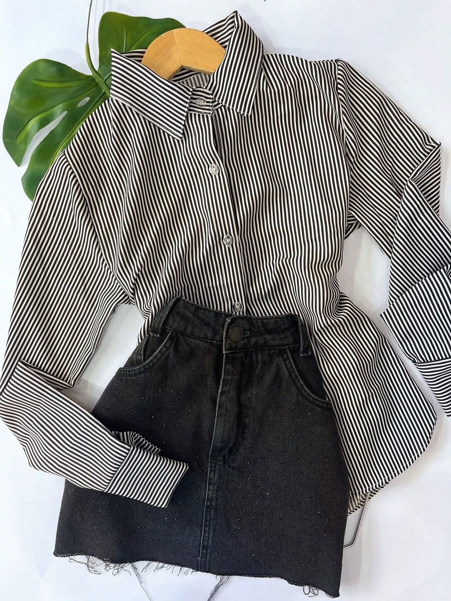 Polyester Button-Down Shirt, Everyday Wear, Spring/Summer/Winter - 黑色條紋 - 查看 1