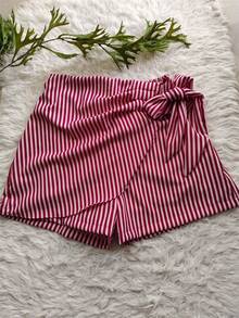Women's Solid Color Shorts - Striped Pink - View 1