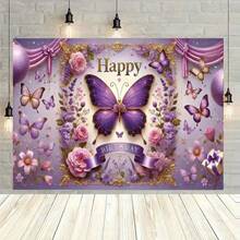 1pc Polyester Butterfly Theme Birthday Backdrop Banner, Multipurpose, Easy To Hang On Studio Wall Decor, Suitable For Indoor And Outdoor Events, Photography, Home Decor, Anniversary Celebration - 1 - View 6