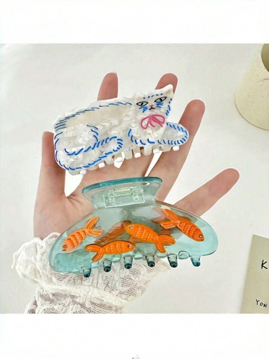 1 Stück große Acryl Haarspange mit lustigem, süßem lockigem Perserkatzen- und Goldfischbecken-Motiv, elegantes Haaraccessoire - Verschiedenfarbig - Übersicht 1