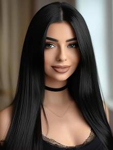 28 Inch Black Long Straight Synthetic Fiber Wig, Middle Part, Heat Resistant, Suitable For Daily Wear And Parties - Black - View 3