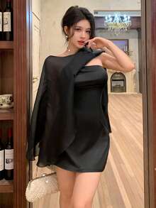 Đầm slip satin đen gợi cảm, trễ vai, ôm sát, dáng chữ A, thanh lịch, thiết kế vạt chéo bất đối xứng, lãng mạn, mềm mại, thích hợp cho tiệc tốt nghiệp, đám cưới, tiệc tối, sinh nhật, trang phục nữ xuân/hè mới. - Đen tinh khiết - Xem 7