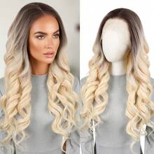 13x4 Lace Front Wig, Pre-Plucked Natural Hairline, Available In Deep Blue, Ombre Gold, Ombre Brown, Suitable For Fashionable Women's Daily Wear, 180% Density, Heatproof, No Glue - Multicolor - View 6