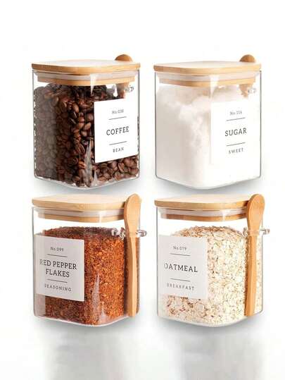 Glass Jars Sets, Glass Jar, Bamboo Lid, Bamboo Spoons, High Borax Glass Jars, Large Capacity Sealed Storage Jar With Natural Bamboo Spoon | Storage For Tea, Salt, Sugar, Coffee, Moisture-Proof, Mold Proof, Transparent And Visible Kitchen Pantry Storage Artifact, Friendly Bamboo Spoon, Dry Goods, Spices, Tea Leaves Can Be Stacked To Save Space