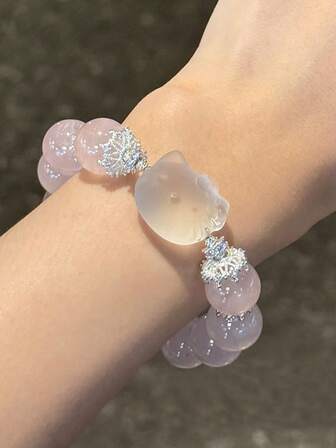 Sanrio 1 ชิ้น สร้อยข้อมือลูกปัดสีชมพูพร้อมจี้ Hello Kitty, เครื่องประดับตัวการ์ตูนน่ารัก, เครื่องประดับมือแฟชั่น