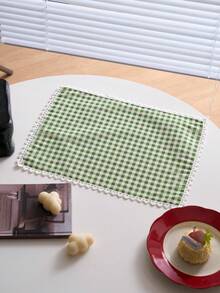 1/2/4/6件装绿色格子心形蕾丝边餐垫，清新田园风餐桌装饰垫，防滑杯垫/碗垫/盘子垫，适用于节日、派对、婚礼、办公室、咖啡桌、家居装饰、摄影背景，四季皆宜 - 綠色 - 查看 6