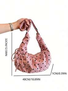 韩版时尚小众设计波点饺子包，女士时尚百搭通勤休闲外出褶皱抽绳单肩斜挎包 - 粉色 - 查看 5