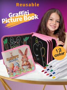 Children's Easter Bunny Chalkboard Doodle Book, Reusable Washable Drawing Pad With 12 Watercolor Pens, Portable Travel Early Education Art Toy, Easter Gift - Multicolor - View 1