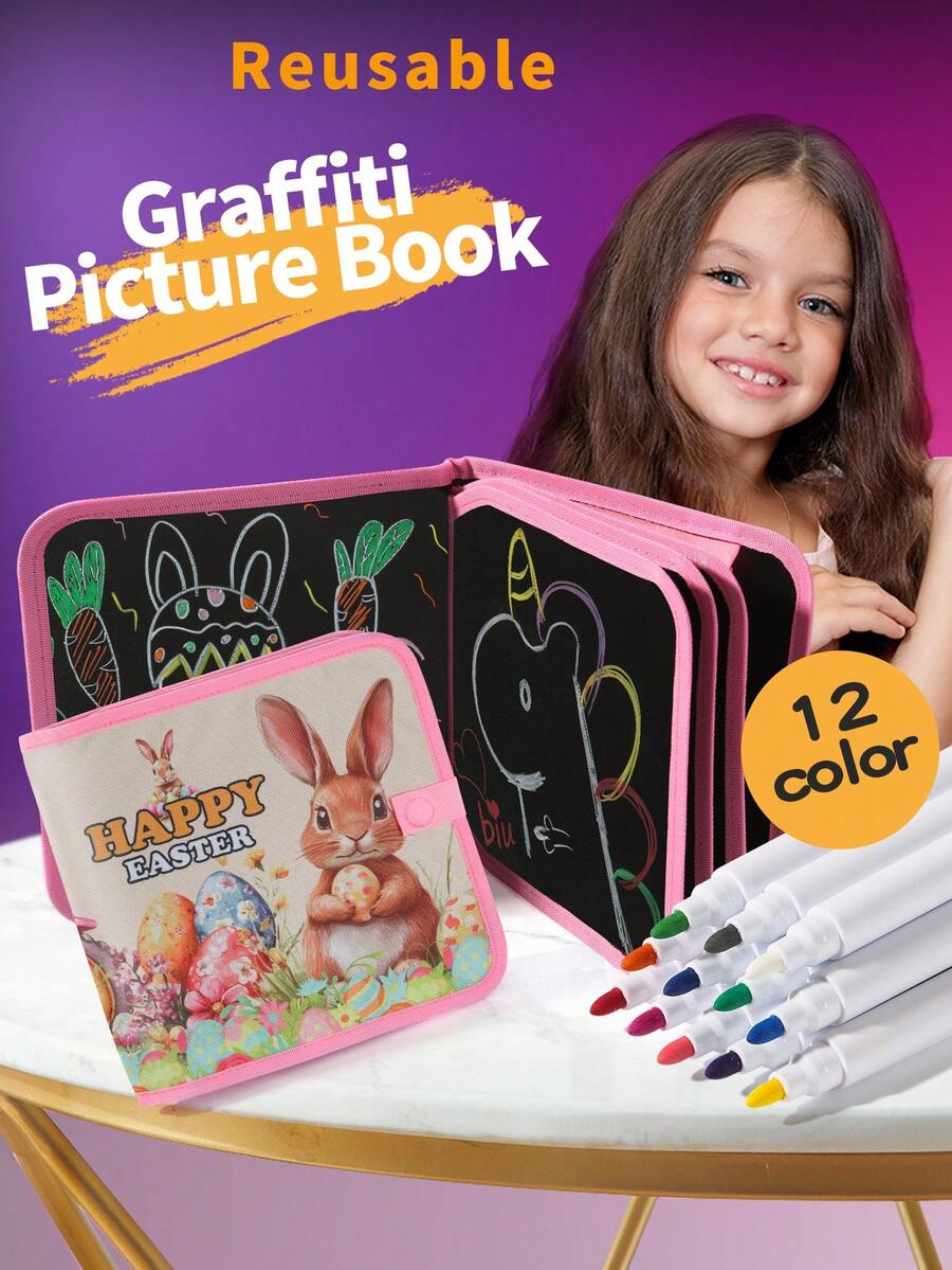 Children's Easter Bunny Chalkboard Doodle Book, Reusable Washable Drawing Pad With 12 Watercolor Pens, Portable Travel Early Education Art Toy, Easter Gift - Multicolor - View 1